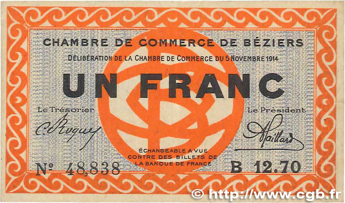 1 Franc FRANCE Regionalismus und verschiedenen Béziers 1914 JP.027.08 SS