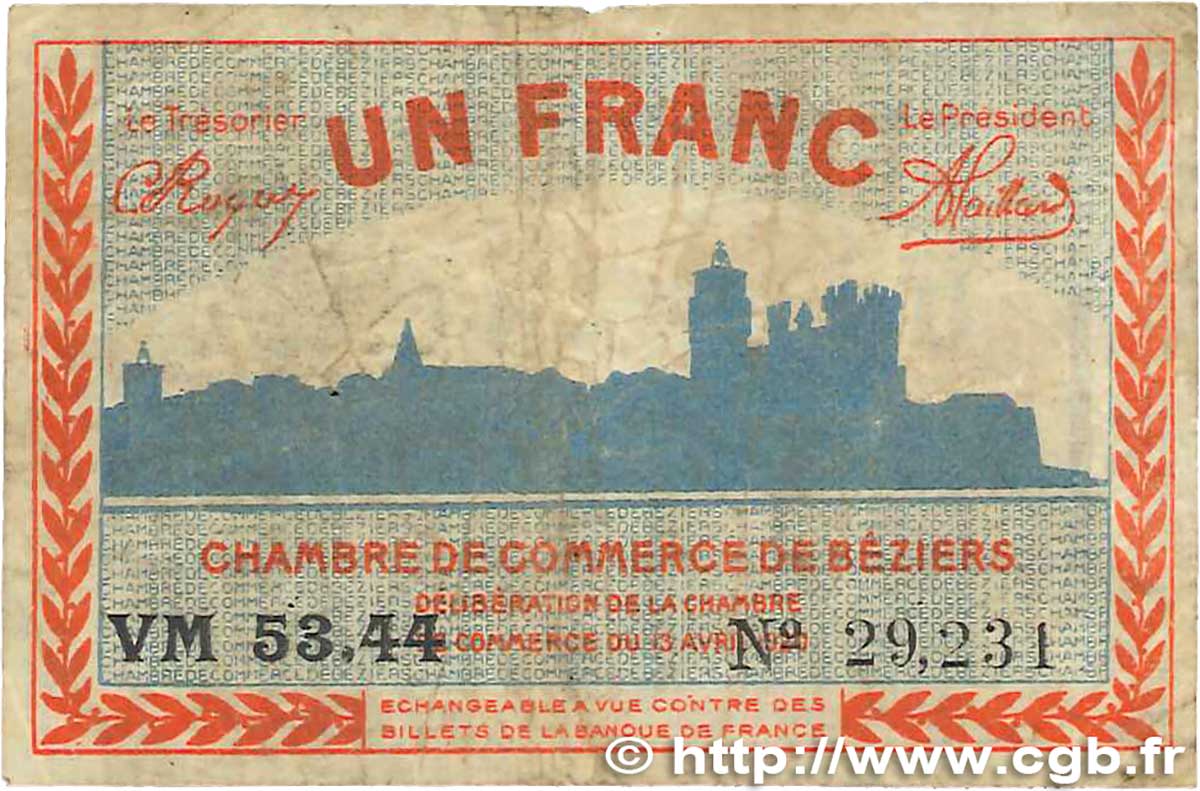 1 Franc FRANCE regionalism and various Béziers 1920 JP.027.28 F