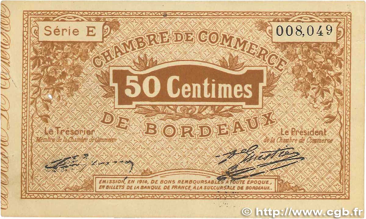 50 Centimes FRANCE Regionalismus und verschiedenen Bordeaux 1914 JP.030.01 fSS