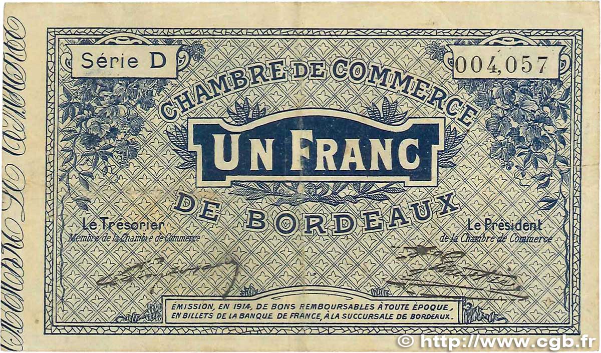 1 Franc FRANCE Regionalismus und verschiedenen Bordeaux 1914 JP.030.02 S