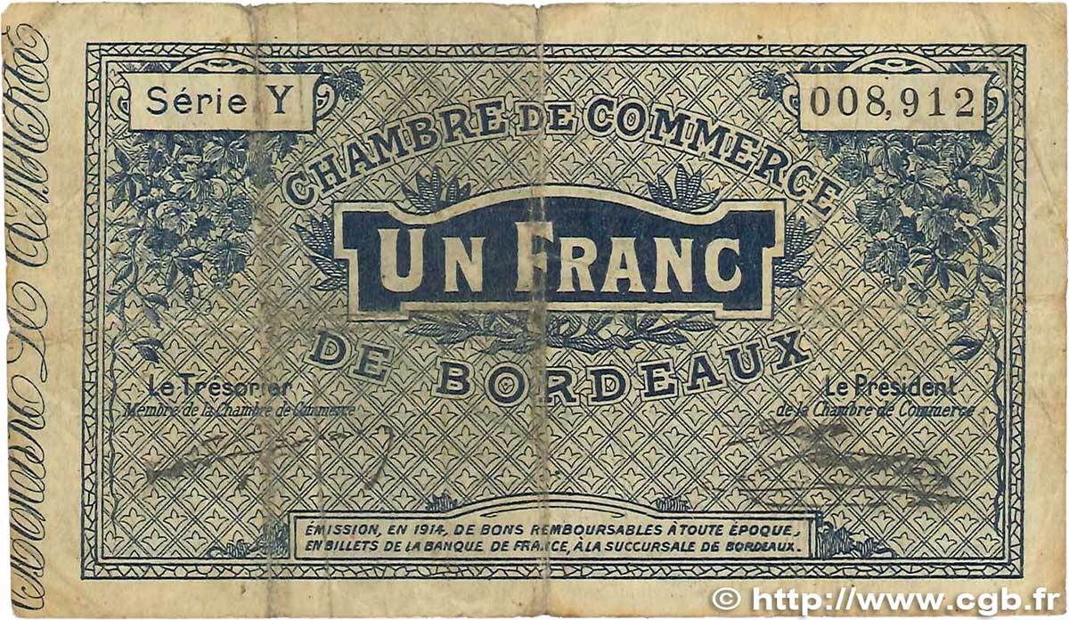 1 Franc FRANCE Regionalismus und verschiedenen Bordeaux 1914 JP.030.02 SGE