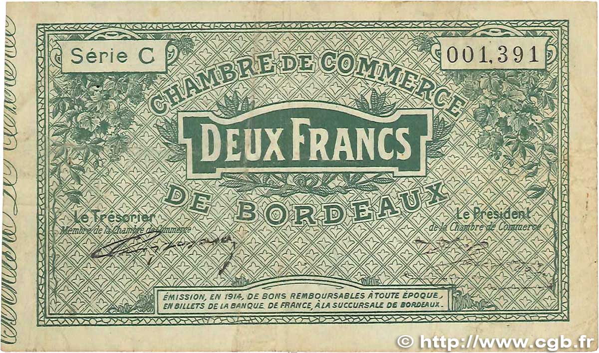2 Francs FRANCE regionalism and miscellaneous Bordeaux 1914 JP.030.03 F