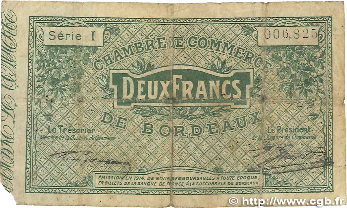 2 Francs FRANCE Regionalismus und verschiedenen Bordeaux 1914 JP.030.03 SGE