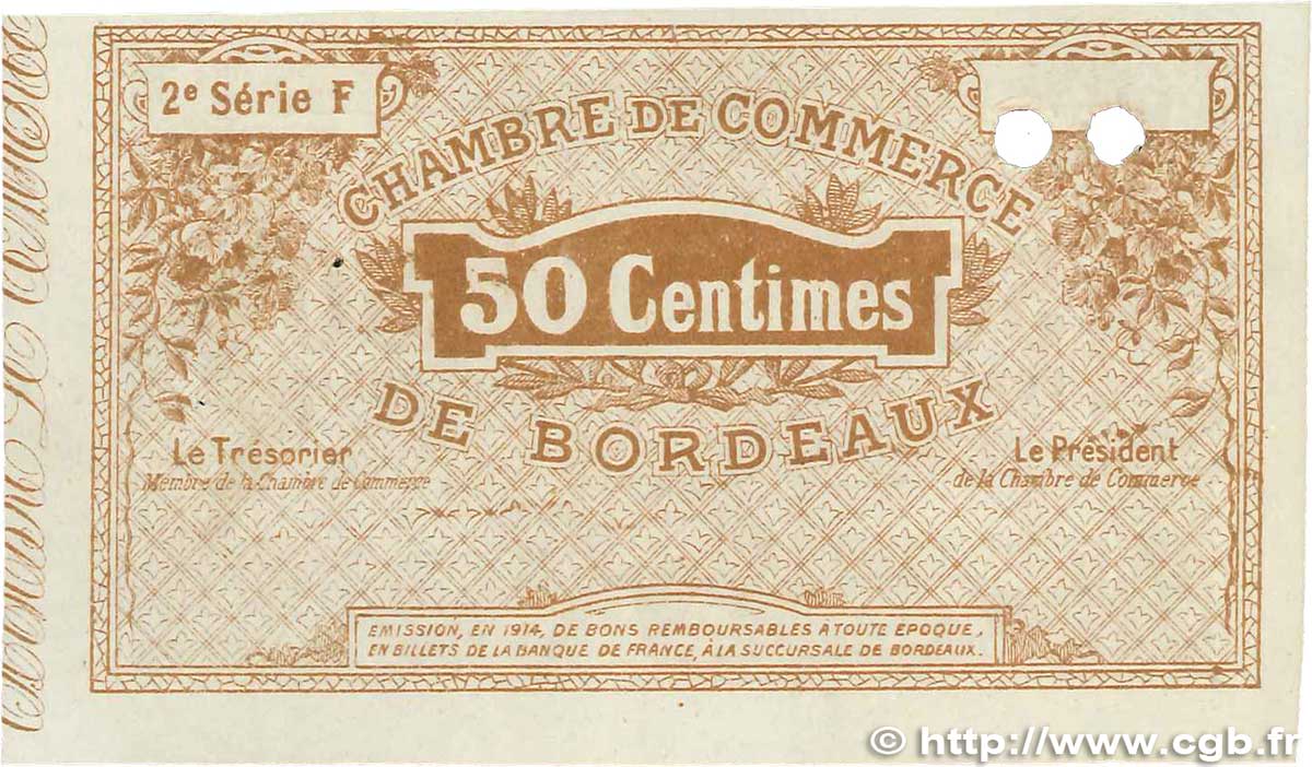 50 Centimes Spécimen FRANCE regionalismo e varie Bordeaux 1914 JP.030.05 q.AU