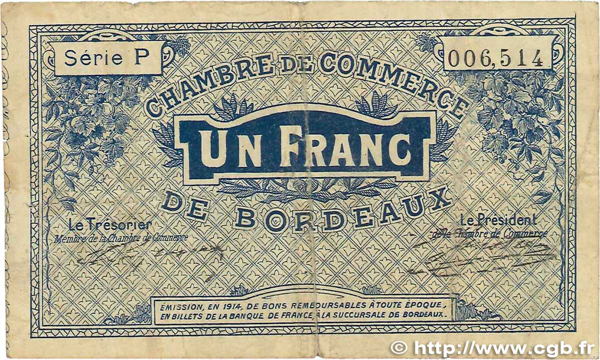 1 Franc FRANCE Regionalismus und verschiedenen Bordeaux 1914 JP.030.02 S