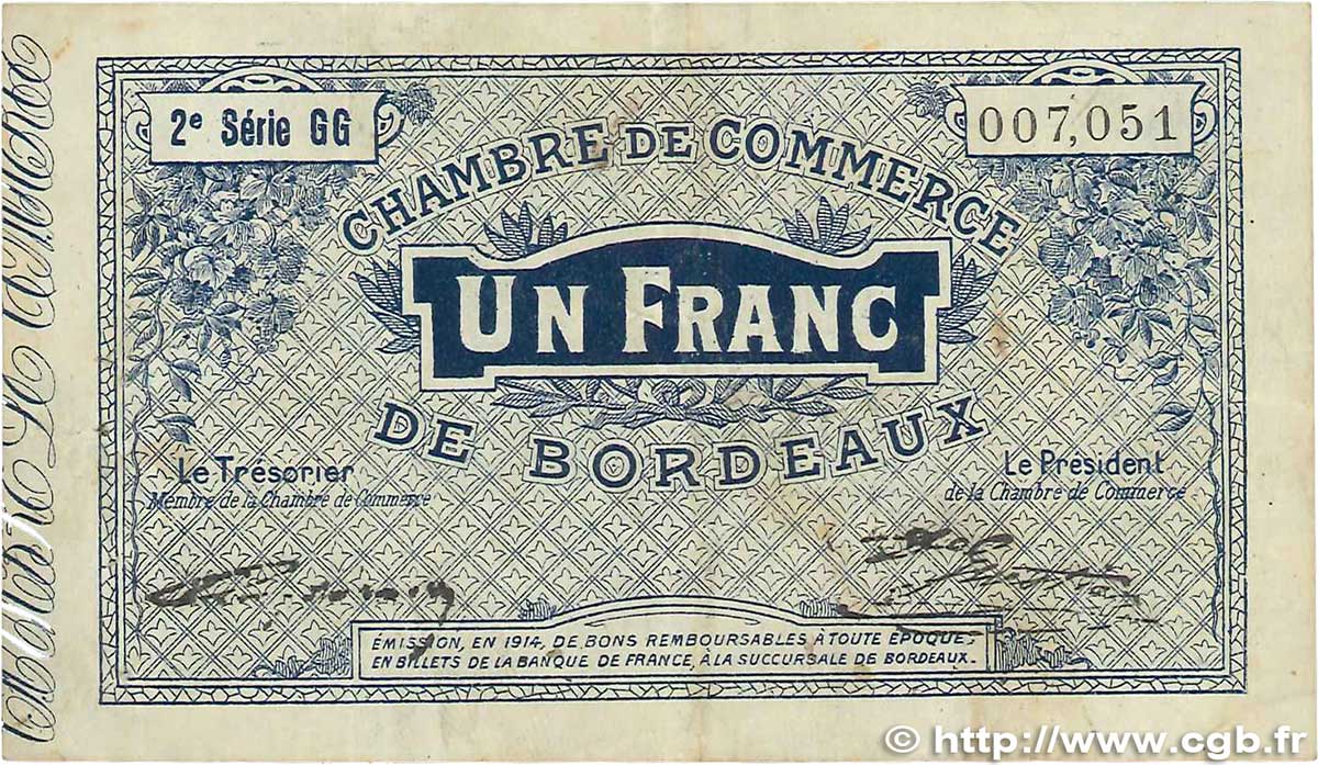 1 Franc FRANCE regionalism and various Bordeaux 1914 JP.030.08 VF-