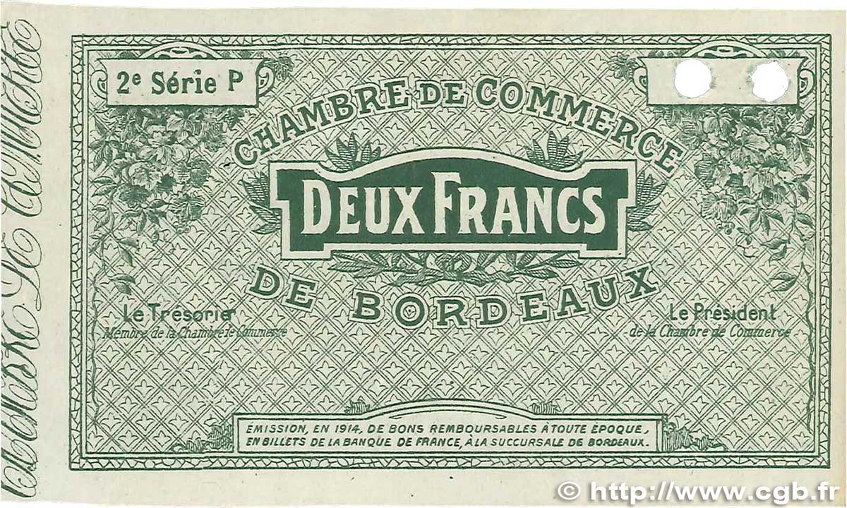 2 Francs Spécimen FRANCE Regionalismus und verschiedenen Bordeaux 1914 JP.030.10 fST