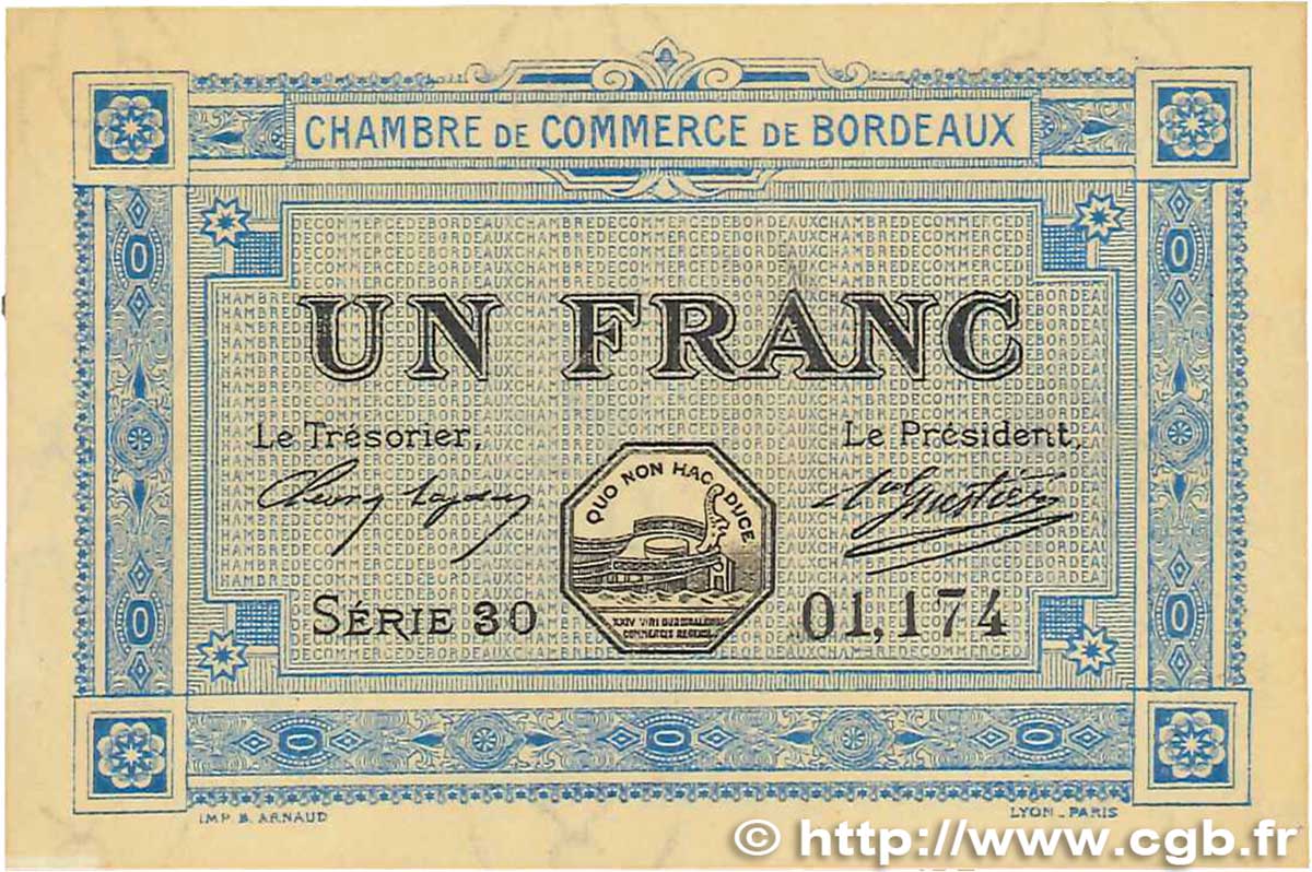 1 Franc FRANCE regionalism and various Bordeaux 1917 JP.030.14 VF