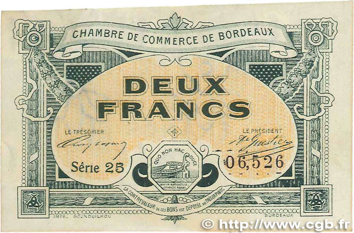 2 Francs FRANCE regionalism and miscellaneous Bordeaux 1917 JP.030.23 VF+