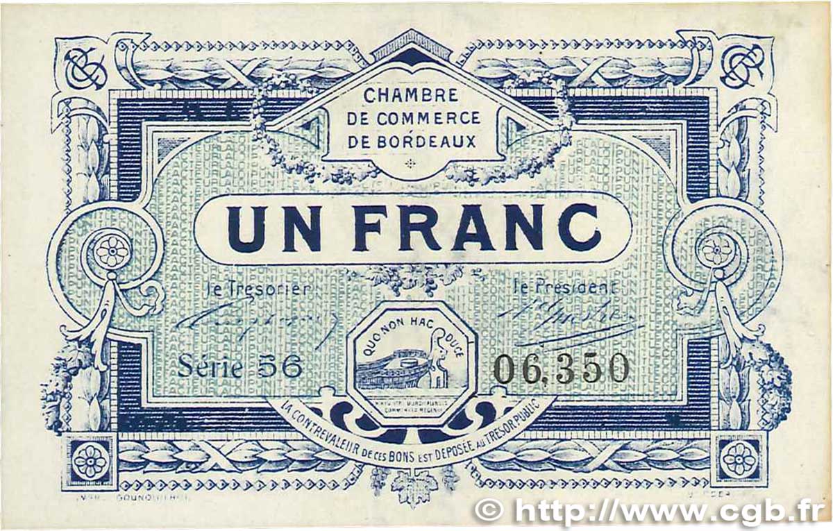1 Franc FRANCE Regionalismus und verschiedenen Bordeaux 1917 JP.030.21 VZ+