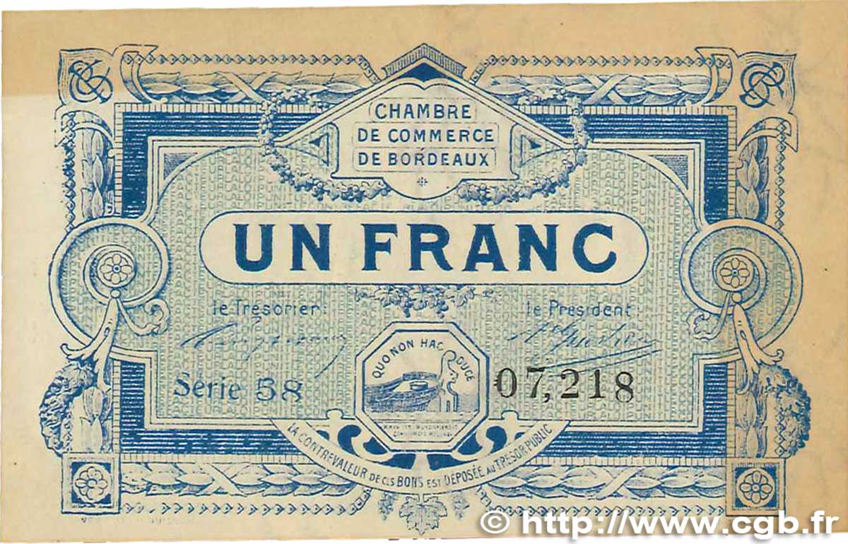 1 Franc FRANCE Regionalismus und verschiedenen Bordeaux 1917 JP.030.21 fVZ