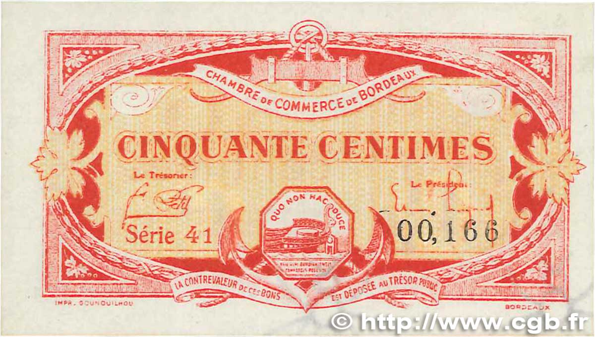 50 Centimes FRANCE Regionalismus und verschiedenen Bordeaux 1920 JP.030.24 fST+