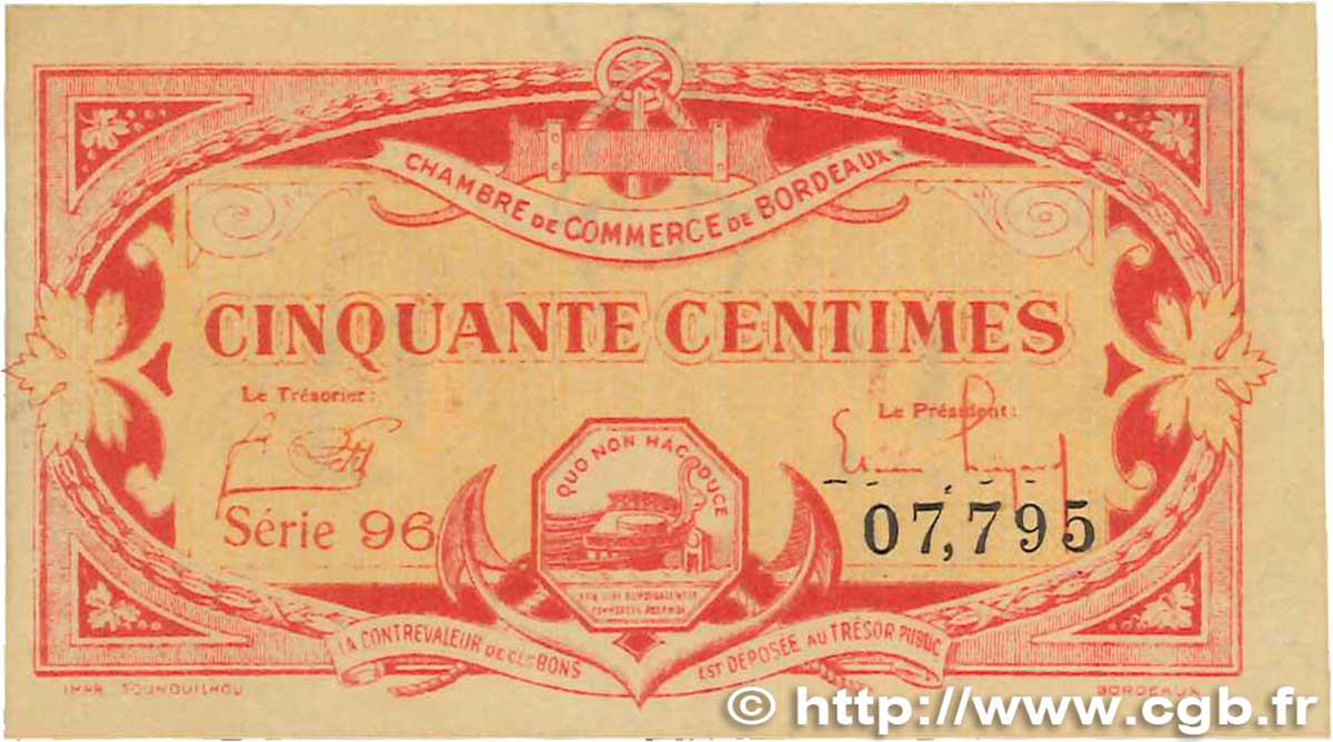 50 Centimes FRANCE Regionalismus und verschiedenen Bordeaux 1920 JP.030.24 fVZ