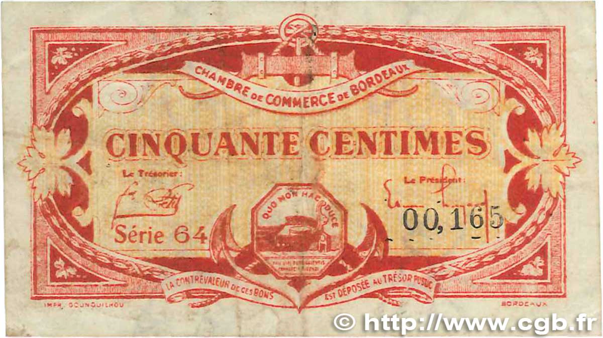 50 Centimes FRANCE Regionalismus und verschiedenen Bordeaux 1920 JP.030.24 S