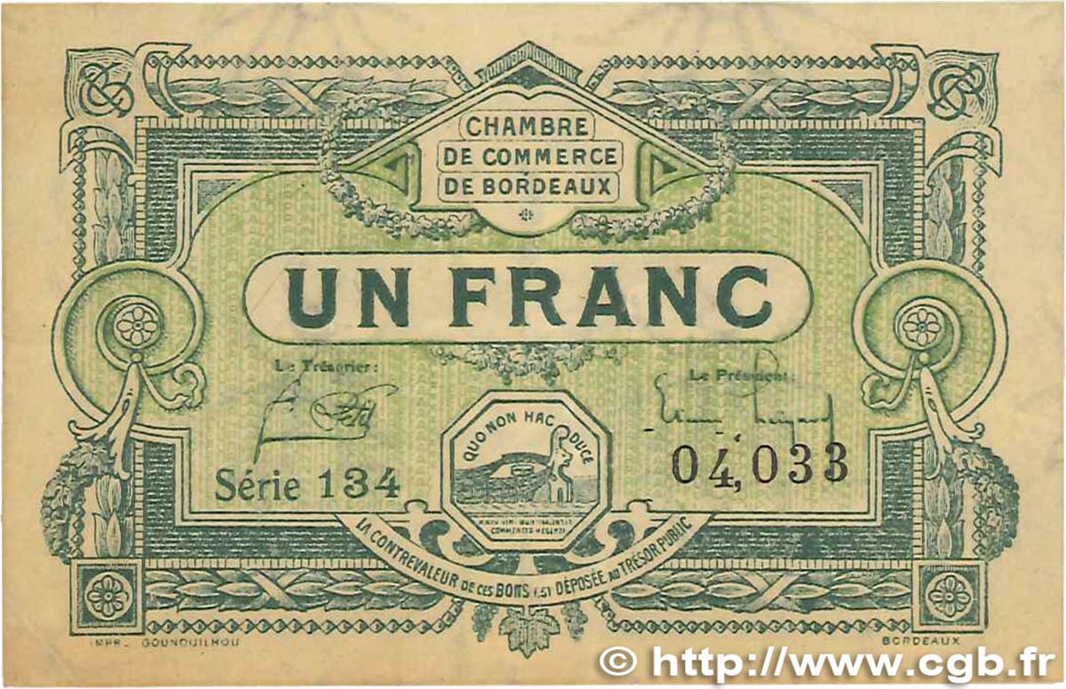 1 Franc FRANCE regionalismo y varios Bordeaux 1920 JP.030.26 MBC