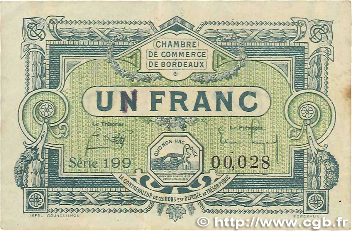 1 Franc FRANCE regionalismo y varios Bordeaux 1920 JP.030.26 BC+