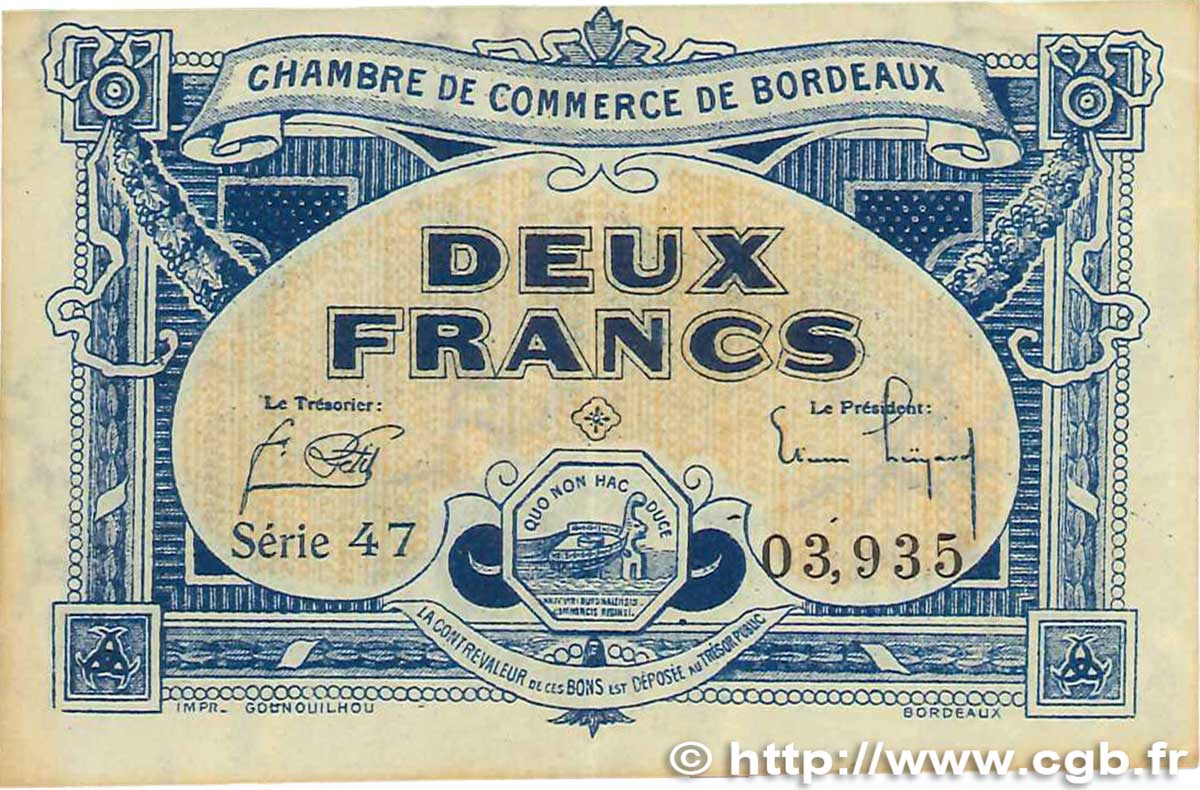 2 Francs FRANCE regionalismo y varios Bordeaux 1920 JP.030.27 MBC