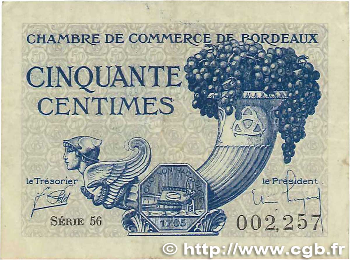 50 Centimes FRANCE Regionalismus und verschiedenen Bordeaux 1921 JP.030.28 SS