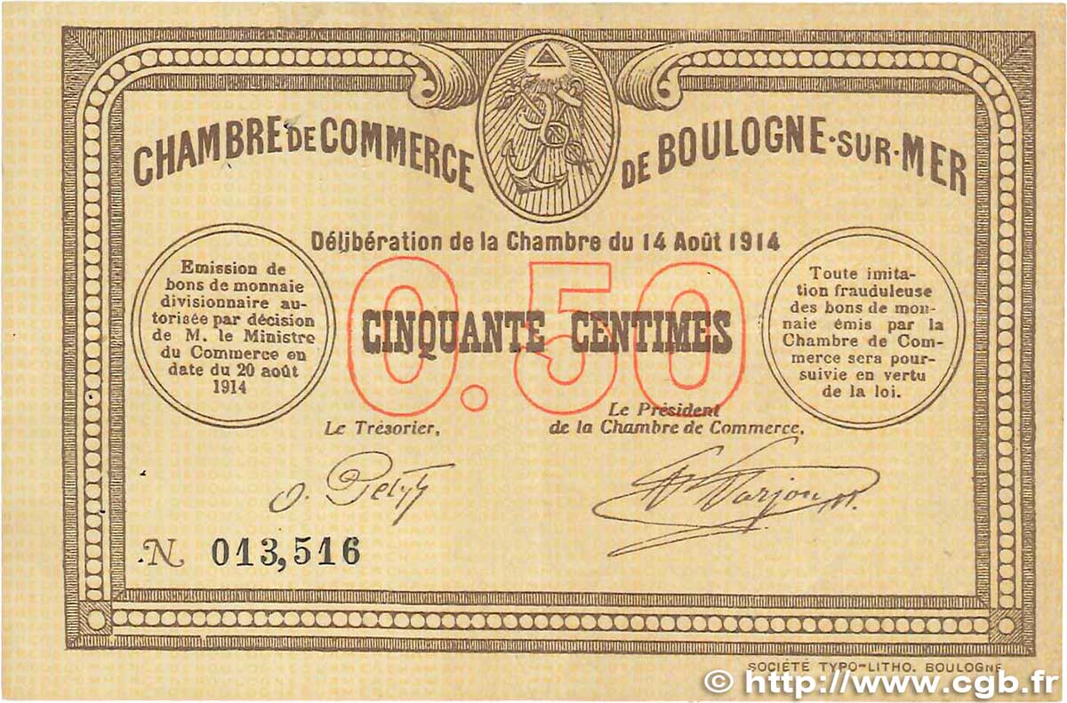 50 Centimes FRANCE Regionalismus und verschiedenen Boulogne-Sur-Mer 1914 JP.031.01 SS