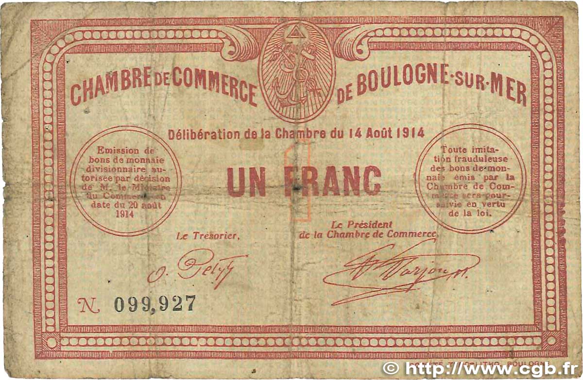 1 Franc FRANCE regionalism and various Boulogne-Sur-Mer  1914 JP.031.04 G