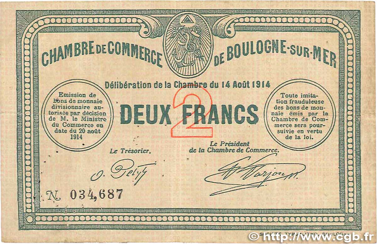 2 Francs FRANCE regionalismo y varios Boulogne-Sur-Mer  1914 JP.031.07 MBC