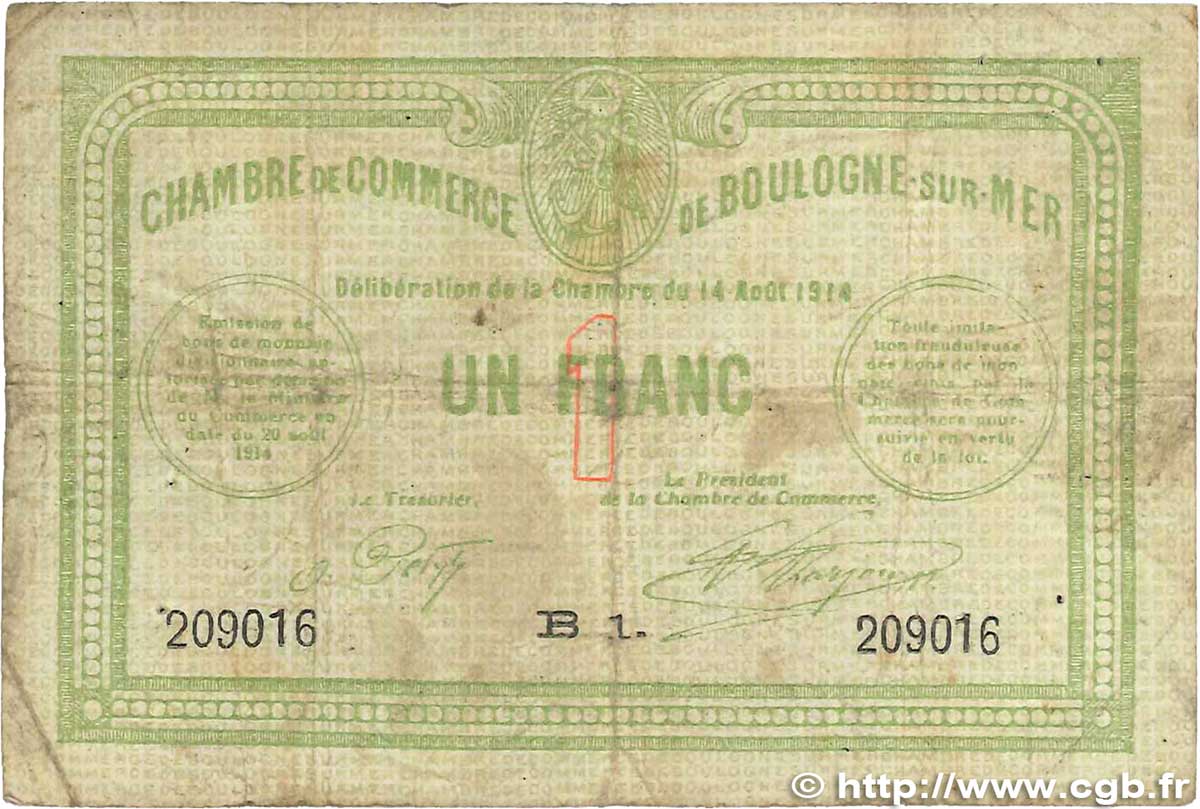 1 Franc FRANCE regionalismo e varie Boulogne-Sur-Mer  1914 JP.031.12 MB