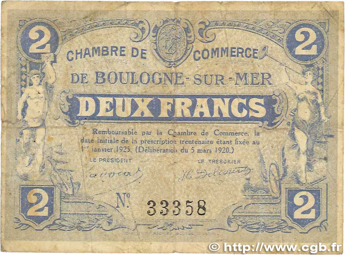 2 Francs FRANCE regionalism and miscellaneous Boulogne-Sur-Mer  1920 JP.031.28 G