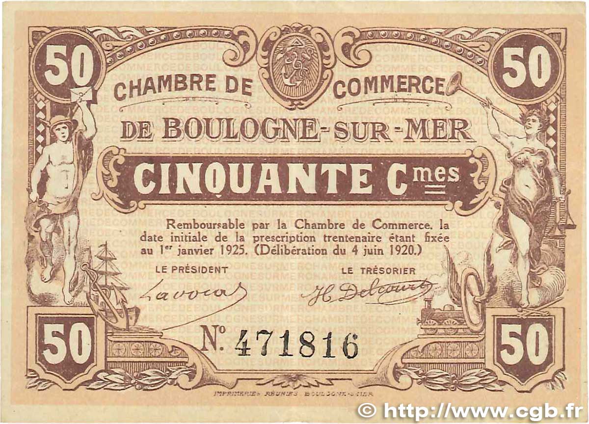 50 Centimes FRANCE regionalism and various Boulogne-Sur-Mer  1920 JP.031.29 VF+