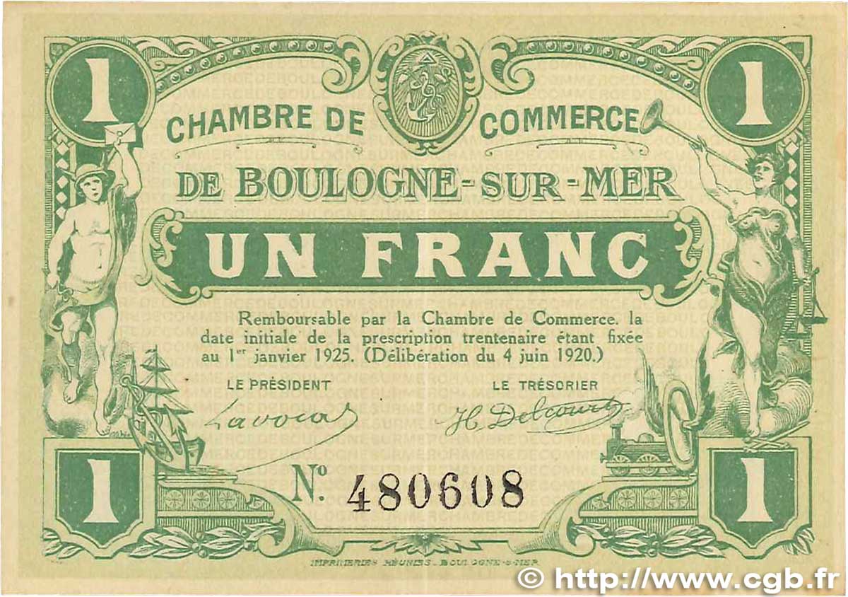 1 Franc FRANCE regionalism and various Boulogne-Sur-Mer  1920 JP.031.30 XF