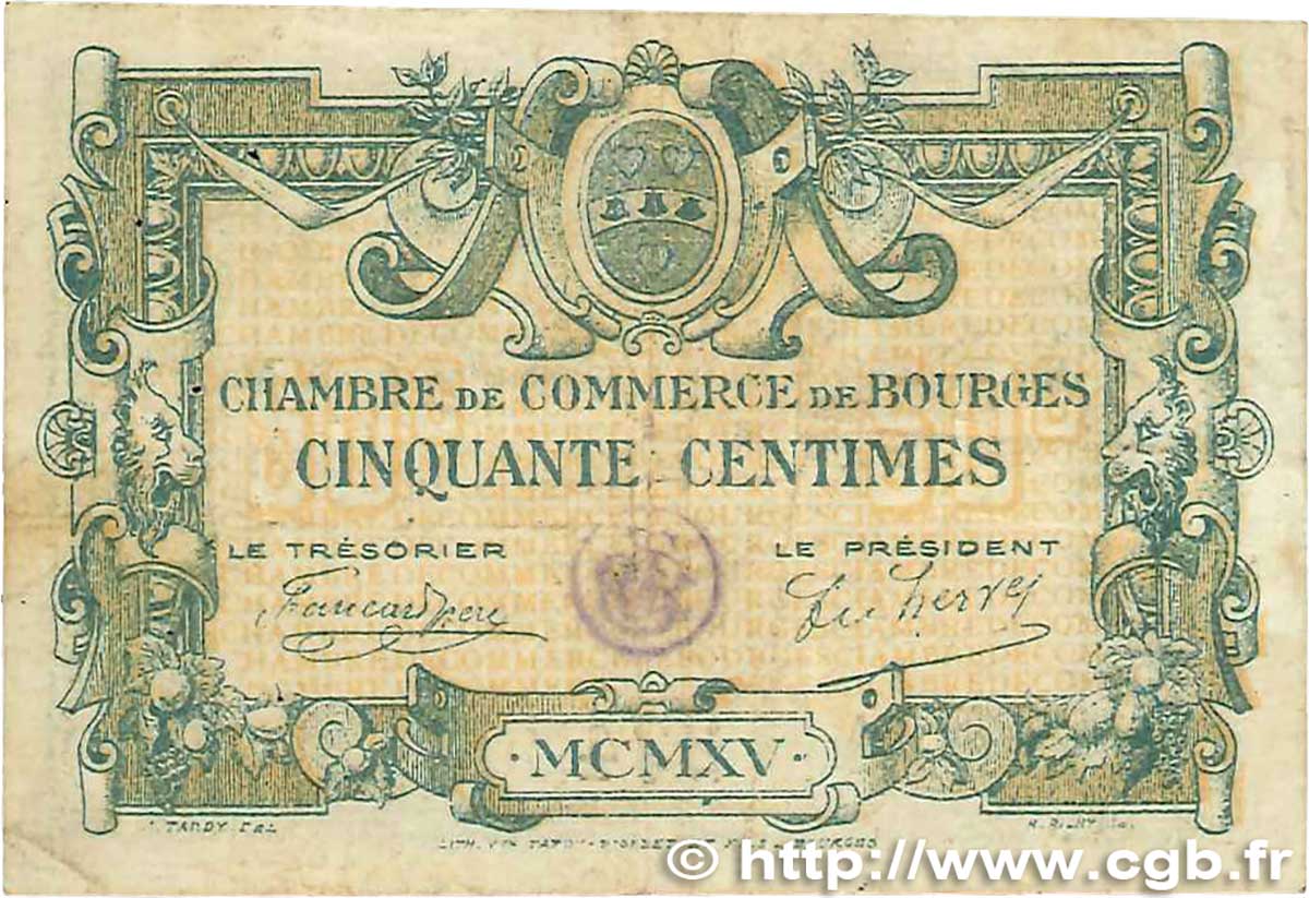 50 Centimes FRANCE regionalism and various Bourges 1915 JP.032.01 VF-