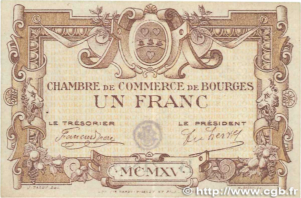 1 Franc FRANCE Regionalismus und verschiedenen Bourges 1915 JP.032.04 VZ