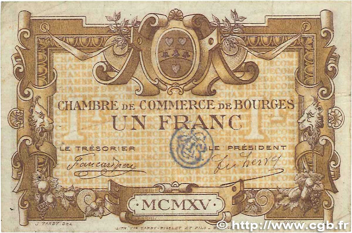 1 Franc FRANCE Regionalismus und verschiedenen Bourges 1915 JP.032.06 fSS