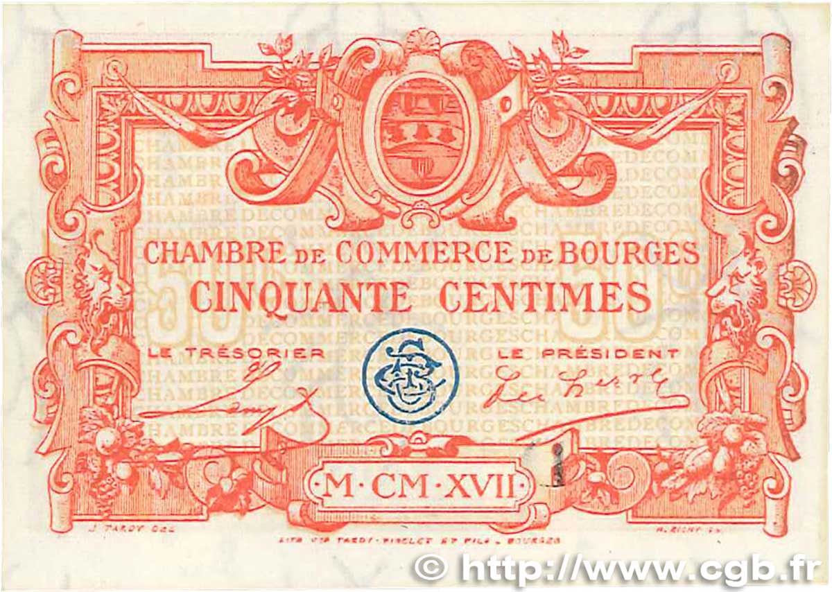 50 Centimes FRANCE regionalismo e varie Bourges 1915 JP.032.08 AU+