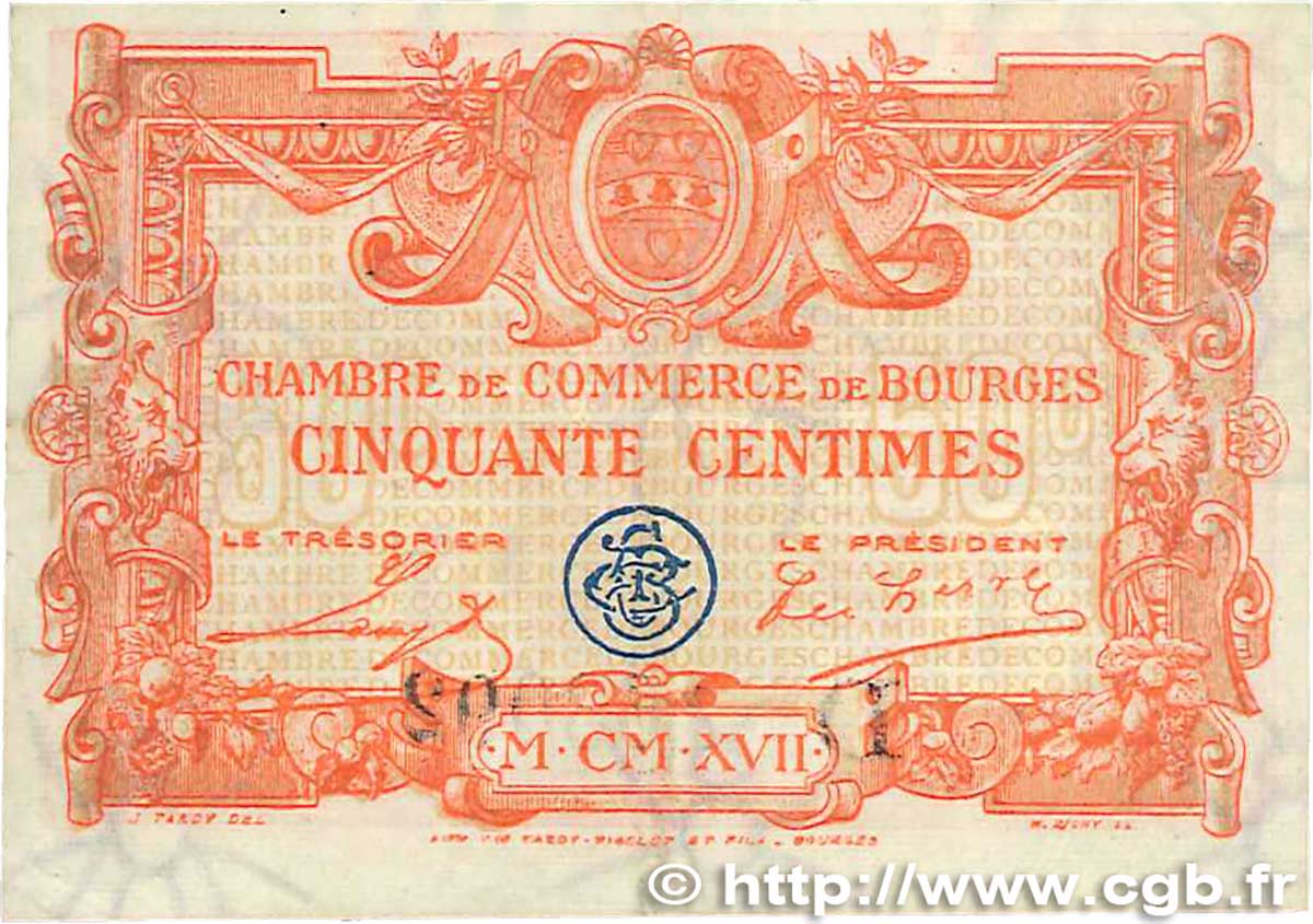 50 Centimes FRANCE regionalism and various Bourges 1915 JP.032.08 VF+