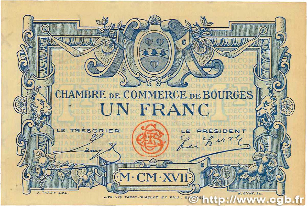1 Franc FRANCE regionalismo y varios Bourges 1917 JP.032.09 EBC