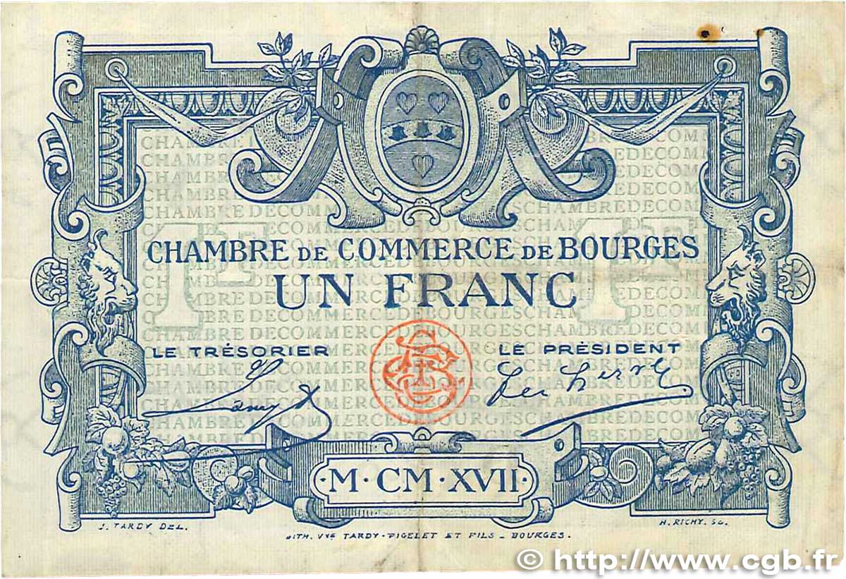 1 Franc FRANCE regionalism and various Bourges 1917 JP.032.09 VF