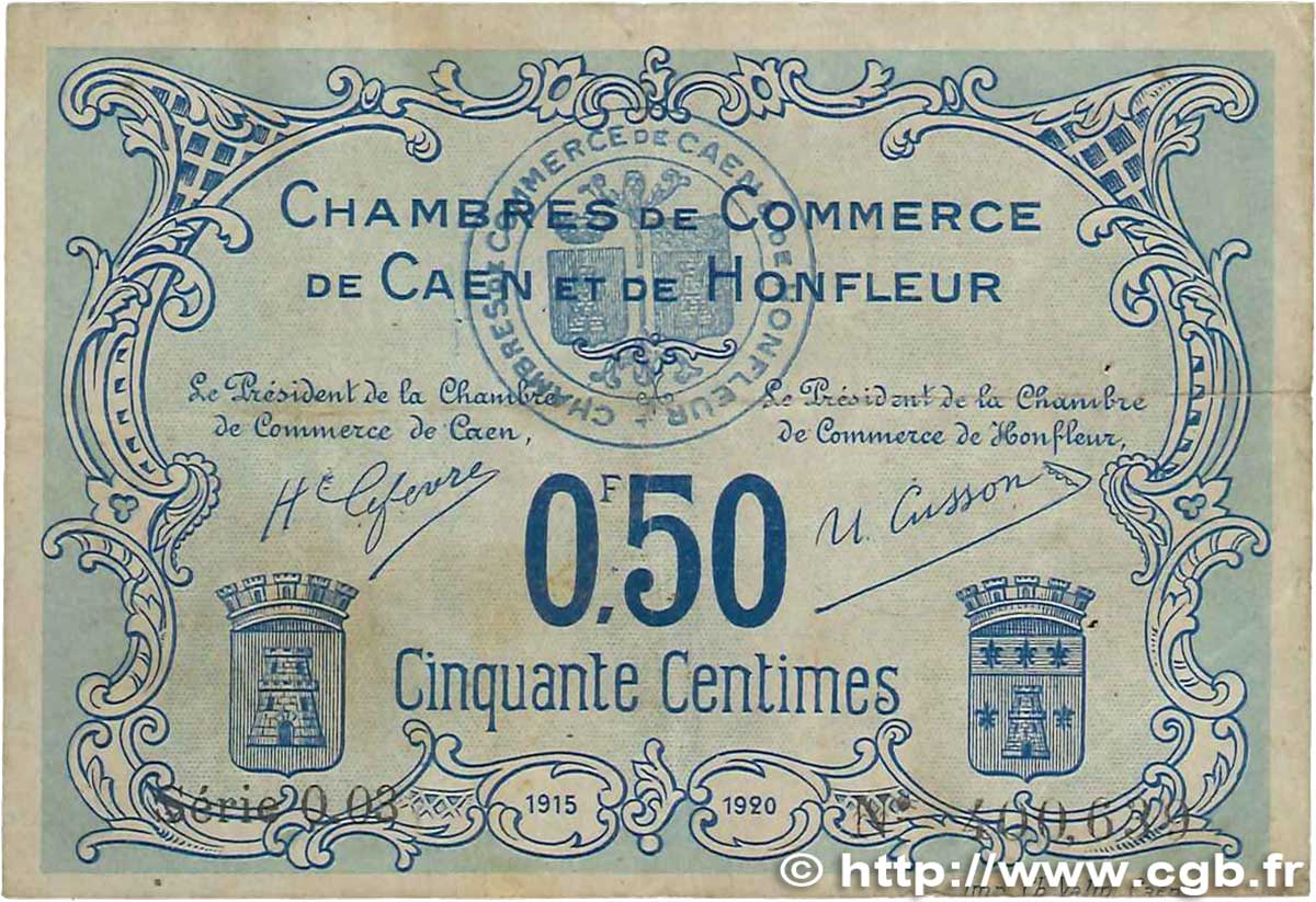 50 Centimes FRANCE regionalism and various Caen et Honfleur 1915 JP.034.04 F