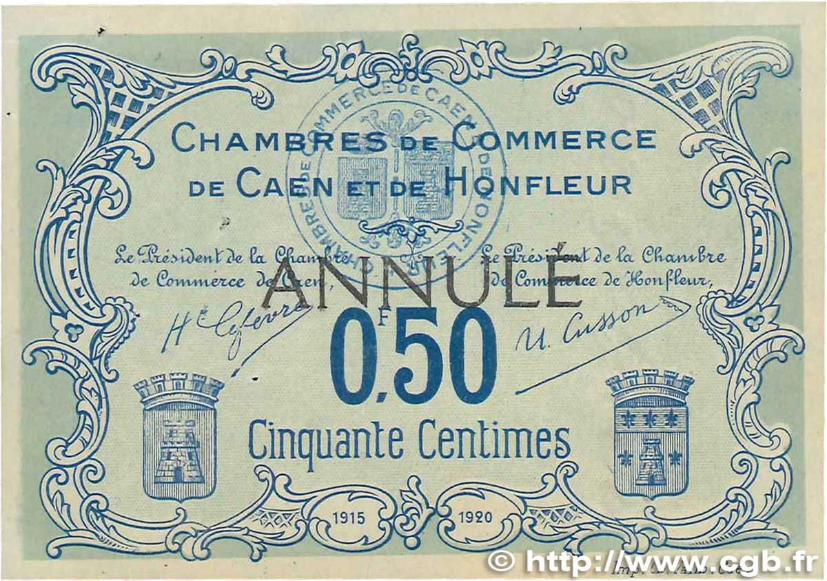 50 Centimes Annulé FRANCE regionalism and various Caen et Honfleur 1915 JP.034.05 XF