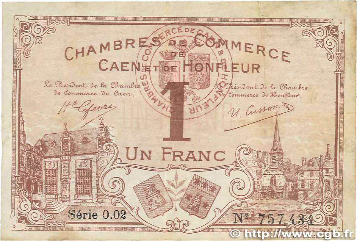 1 Franc FRANCE regionalism and various Caen et Honfleur 1915 JP.034.06 VF