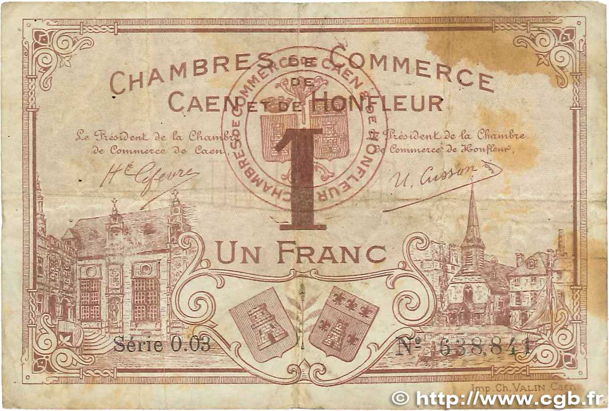1 Franc FRANCE regionalism and various Caen et Honfleur 1915 JP.034.06 F