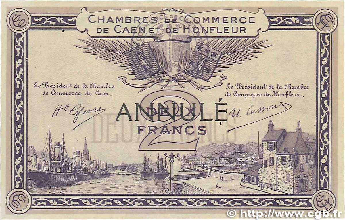 2 Francs Annulé FRANCE regionalism and various Caen et Honfleur 1915 JP.034.11 XF