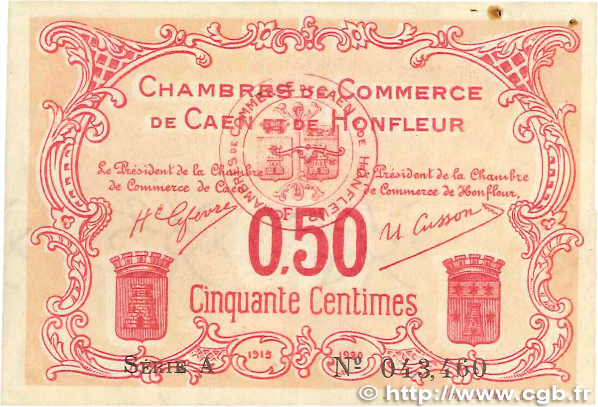50 Centimes FRANCE regionalism and various Caen et Honfleur 1915 JP.034.12 XF