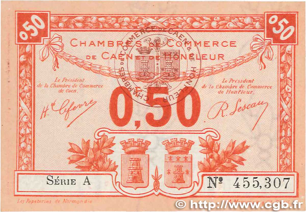 50 Centimes FRANCE Regionalismus und verschiedenen Caen et Honfleur 1920 JP.034.16 fST