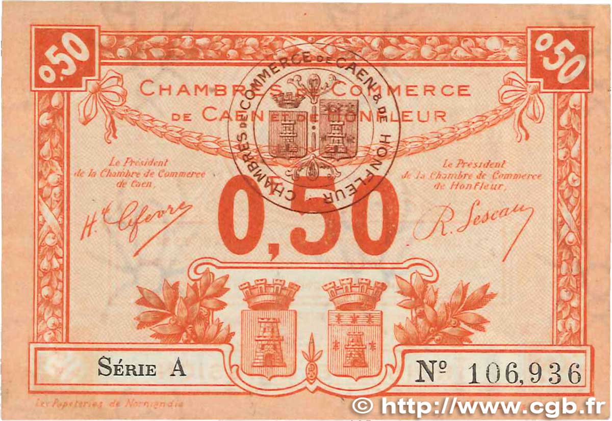 50 Centimes FRANCE regionalism and various Caen et Honfleur 1920 JP.034.16 XF