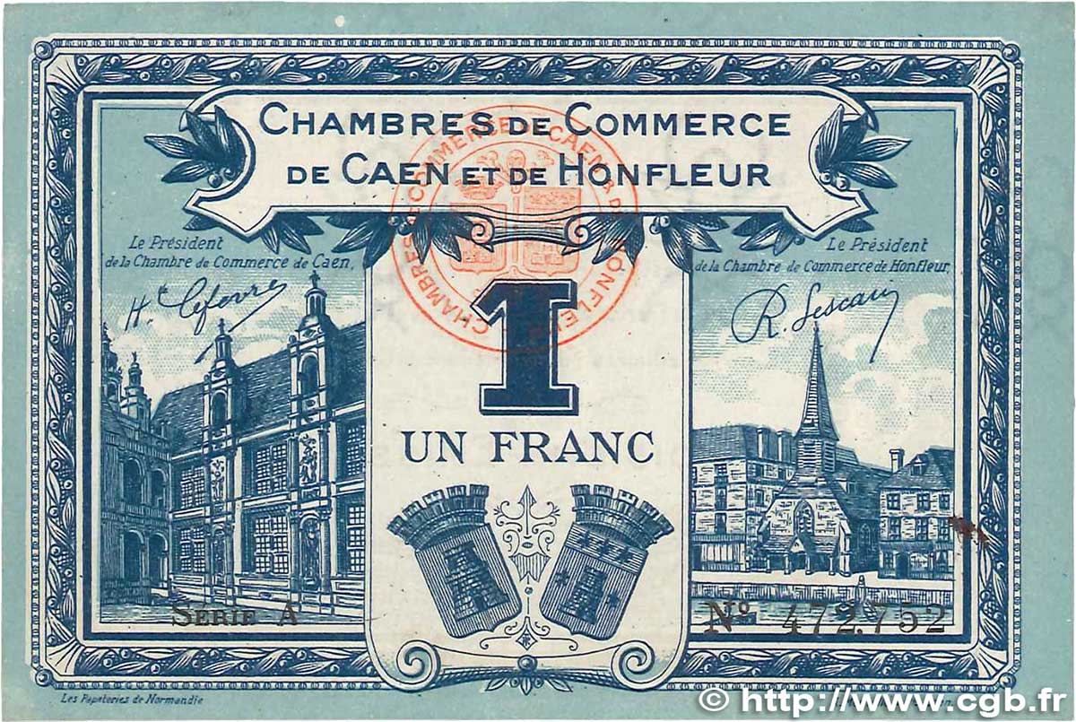 1 Franc FRANCE Regionalismus und verschiedenen Caen et Honfleur 1920 JP.034.18 VZ