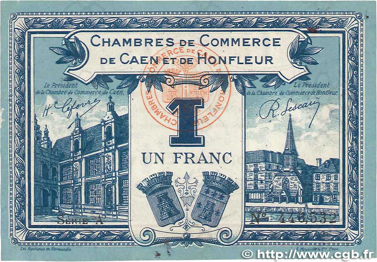 1 Franc FRANCE regionalism and various Caen et Honfleur 1918 JP.034.18 VF