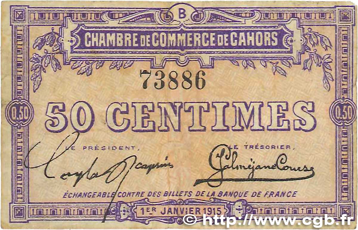 50 Centimes FRANCE regionalism and miscellaneous Cahors 1915 JP.035.05 VF