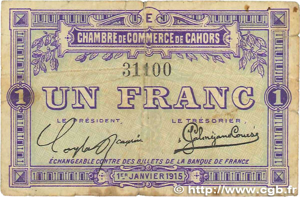 1 Franc FRANCE regionalism and miscellaneous Cahors 1915 JP.035.07 F