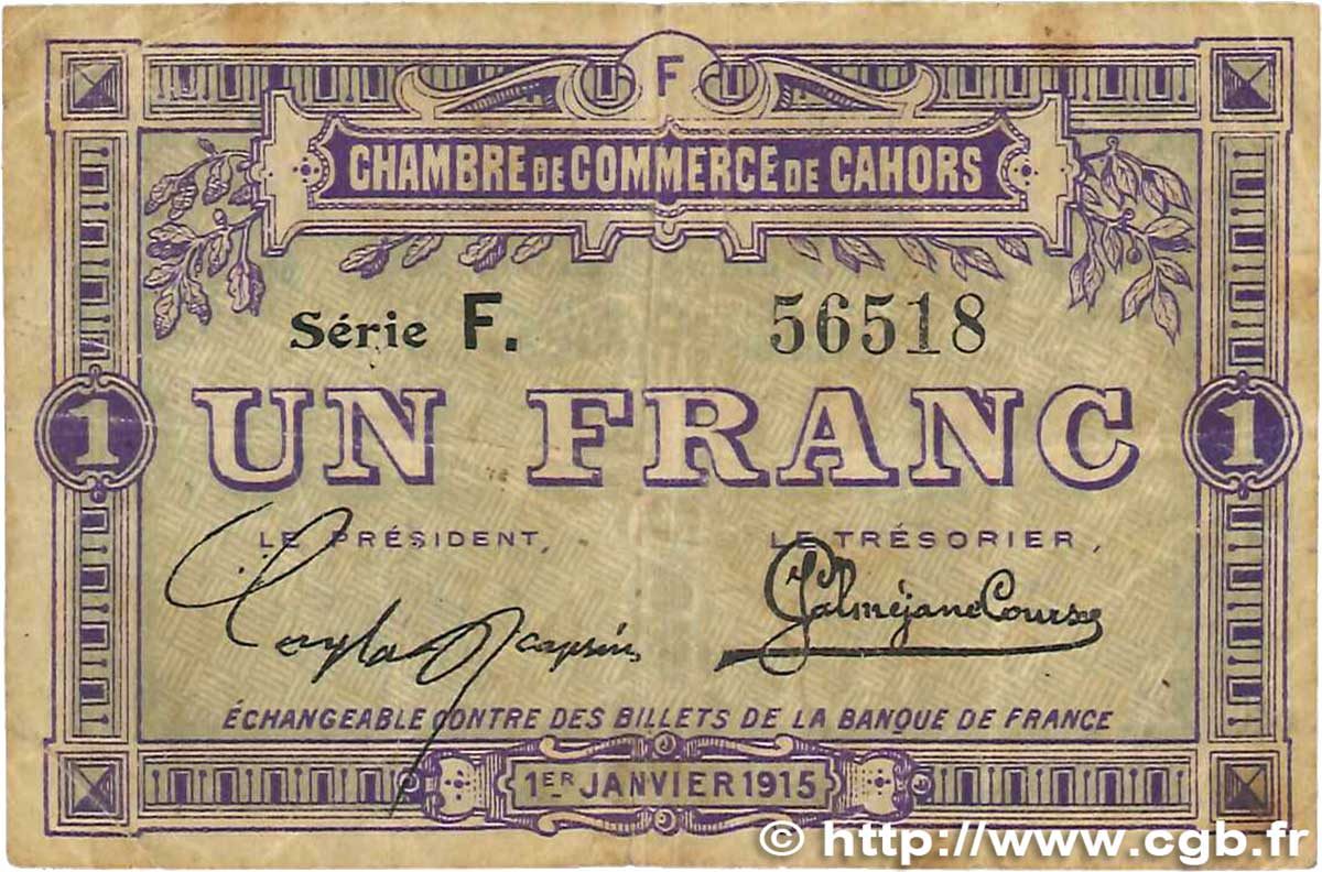 1 Franc FRANCE regionalismo y varios Cahors 1915 JP.035.14 BC