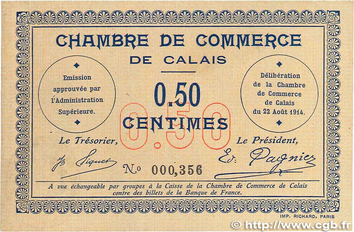 50 Centimes FRANCE regionalism and various Calais 1914 JP.036.01 VF+